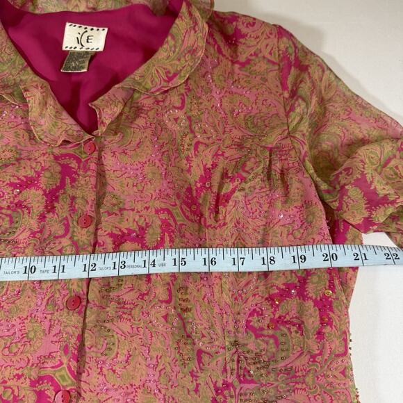 Vintage Y2K ICE Silk Paisley Beaded Ruffle Fairy Button Front Blouse Pink Wms XL - Picture 12 of 13